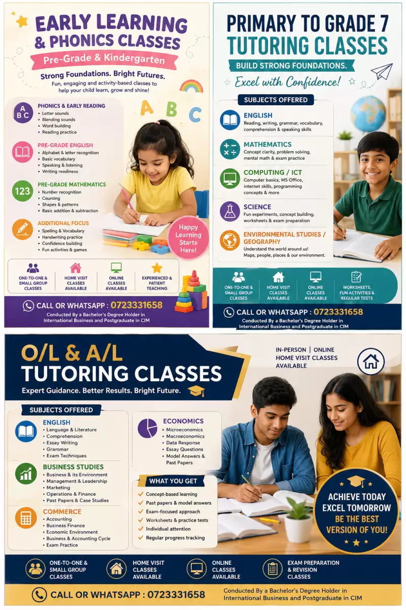 comprehensive tutoring classes for students from pre-grade to O/L & A/L