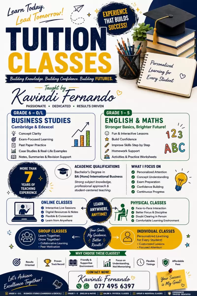English and Maths classes for Grade 1 - 5 students Business studies classes for student Grade 6 upwards