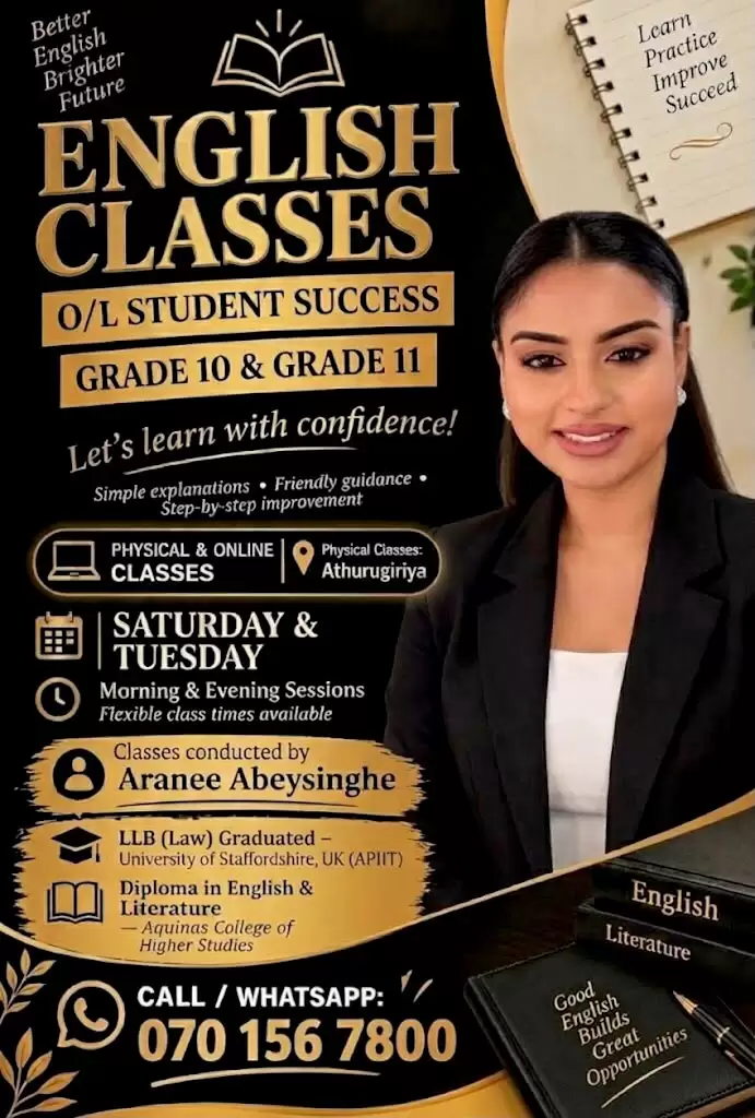 English class for grade 10 & 11 students targeting O/L exam covering full past papers