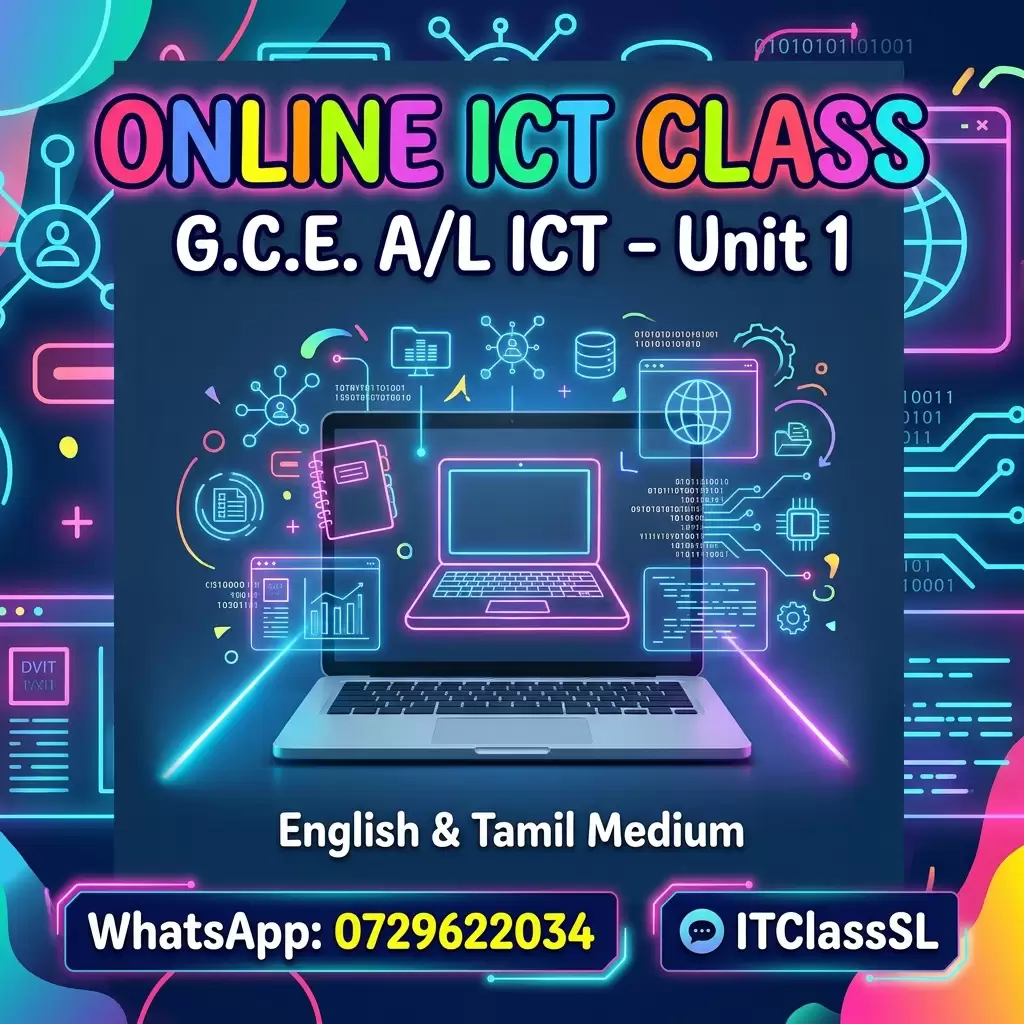 G.C.E. A/L ICT Unit 1 covers Basic Concepts of Information and Communication Technology Notes Question Online Tuition Classes English and Tamil Medium