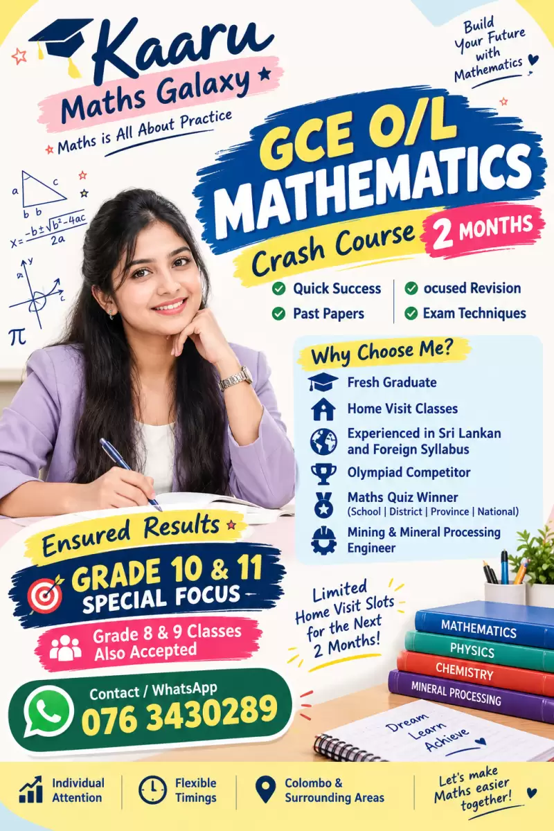 GCE OL Maths English Medium Crash Course, Home visits around Colombo - 2months