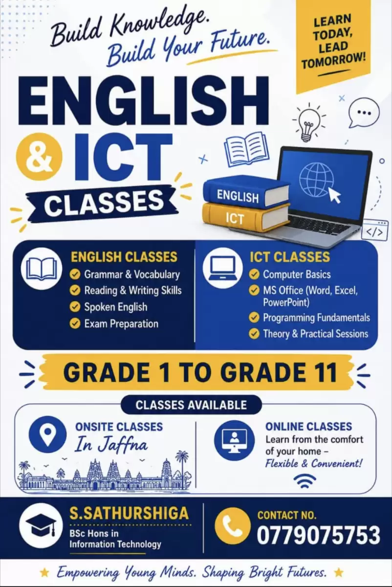 Grade 6-11 ICT, English classes in Tamil and English Medium
