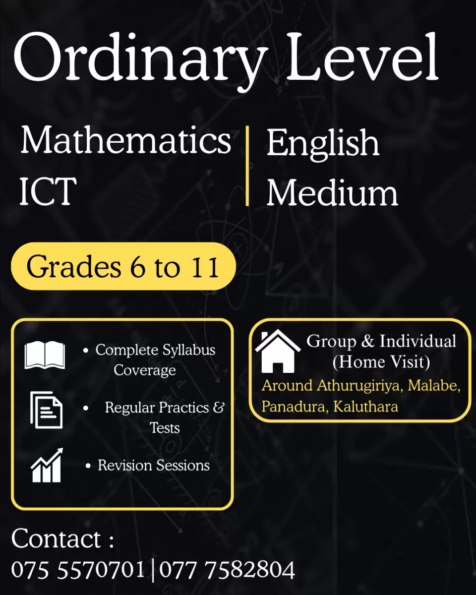 Grade 6 to 11 O/L s English Medium Mathematics & ICT Home Visit & Online Classes