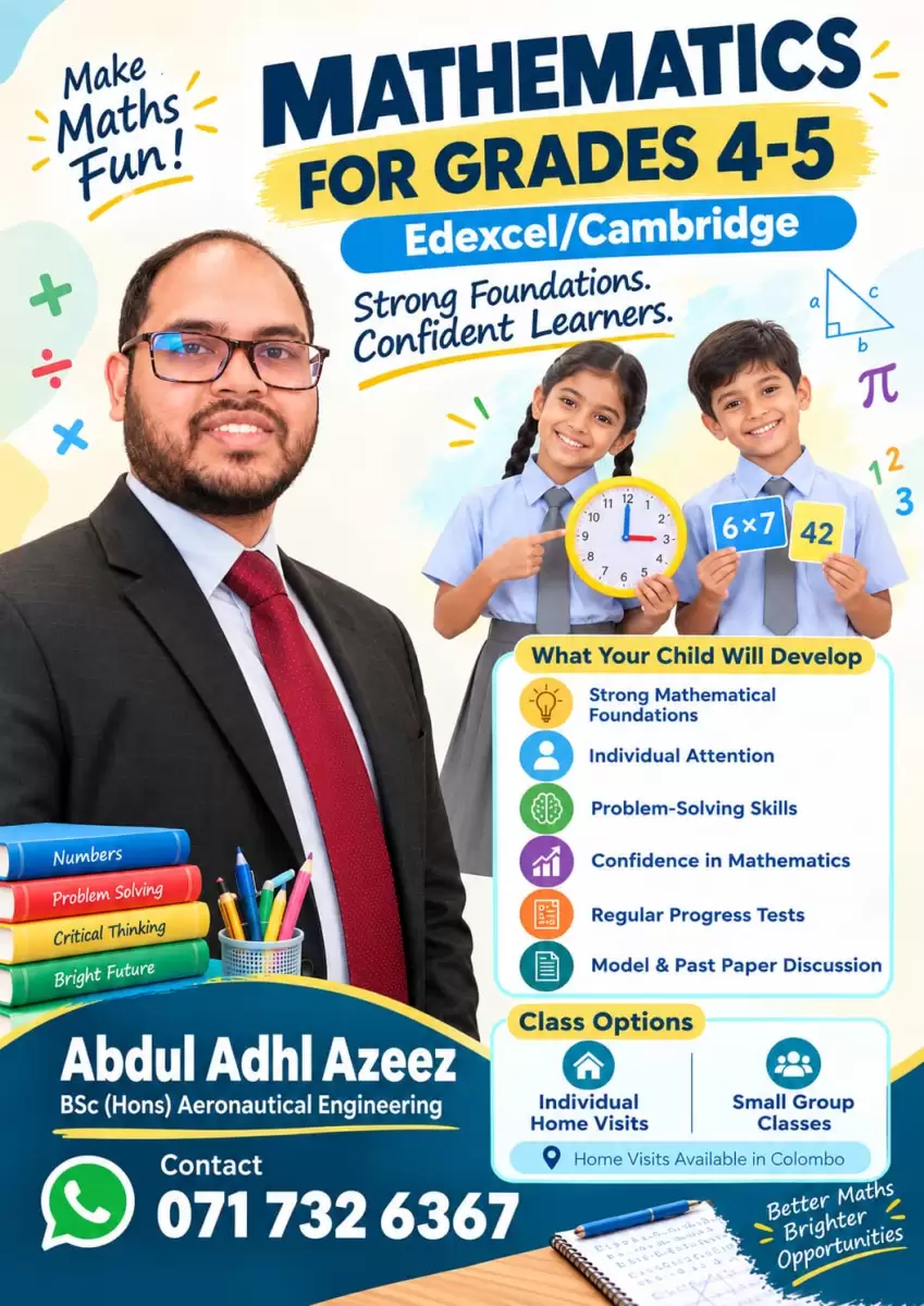 Grades 4 And 5 Mathematics English Medium Cambridge/Edexcel Individual And Group Home Visit Classes In Colombo