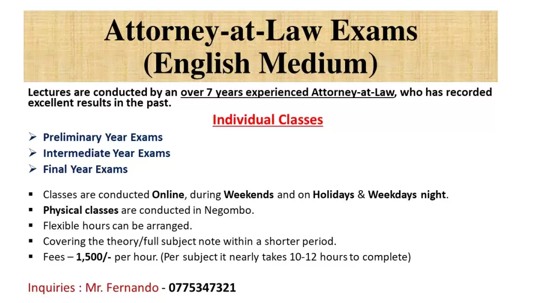 Law College Attorney at Law Exams (English Medium)