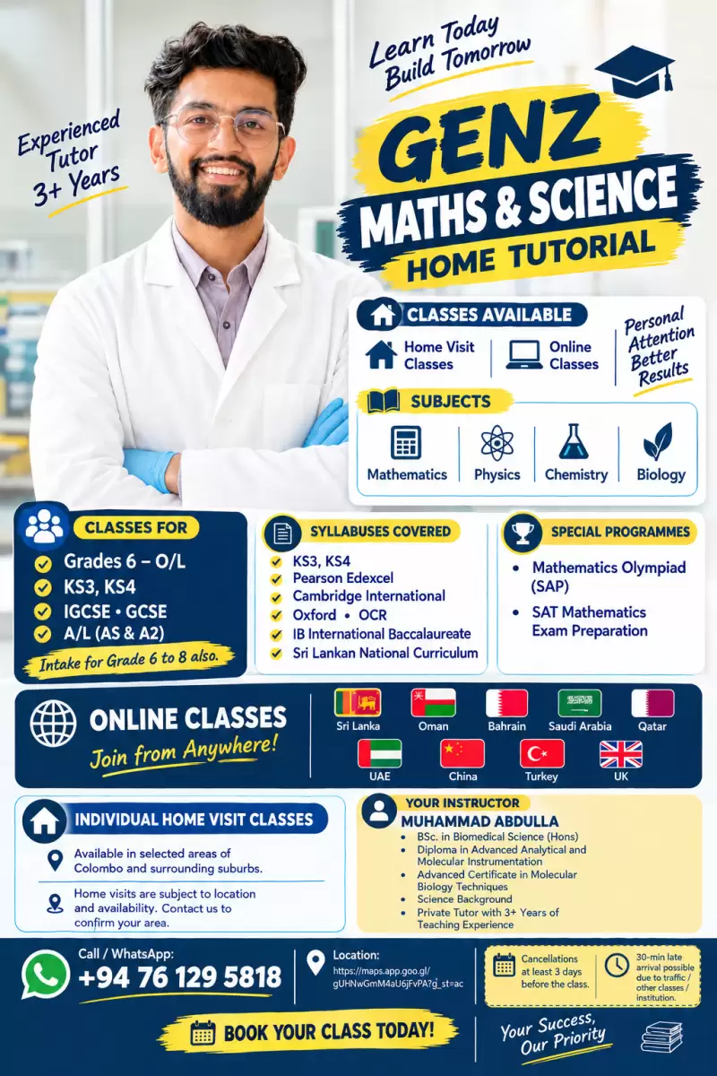 MATHEMATICS AND SCIENCE IGCSE biology chemistry physics home visit online class colombo gampha