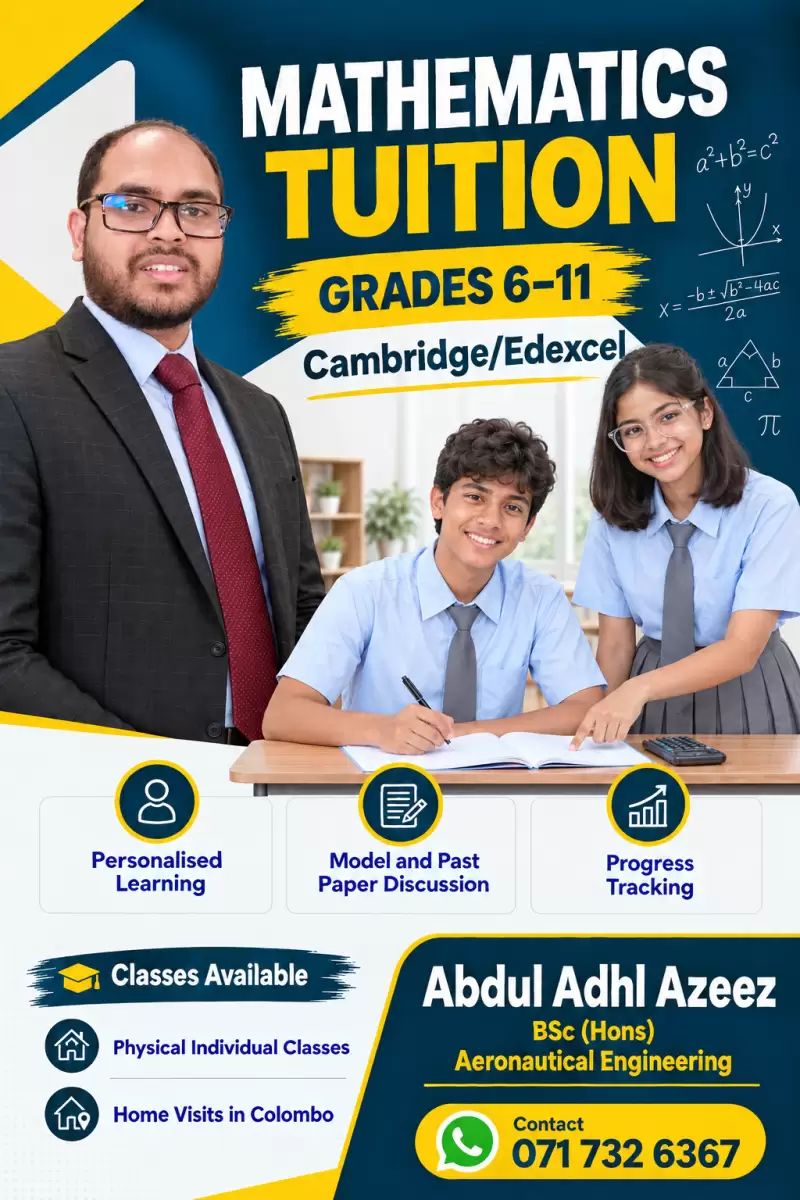 Mathematics Cambridge/Edexcel Grades 6-11 Individual Home Visit Classes In Colombo for Guaranteed Results