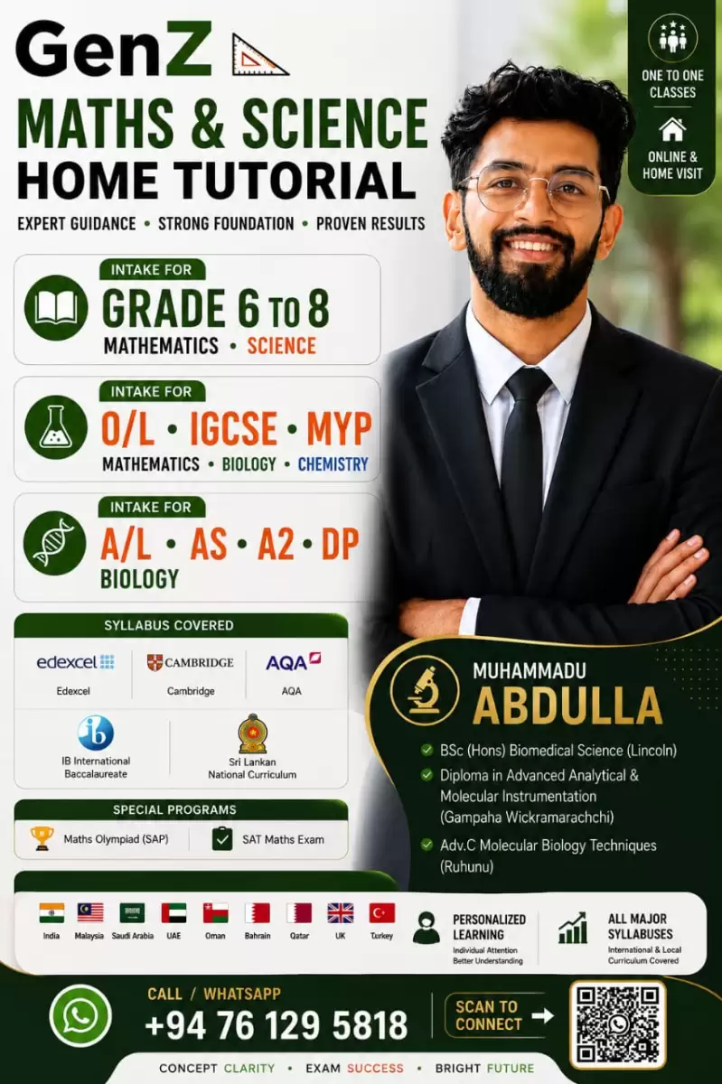 Mathematics, Science Biology physics chemistry Home Visit world wide online tutor Colombo district and wattala Kelaniy Enderamulla