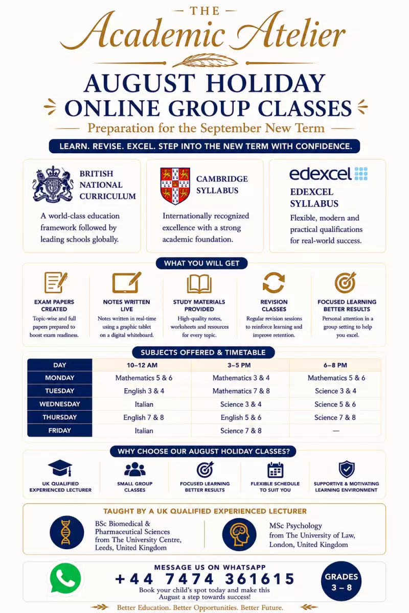Maths, English, and Science taught by a UK qualified lecturer