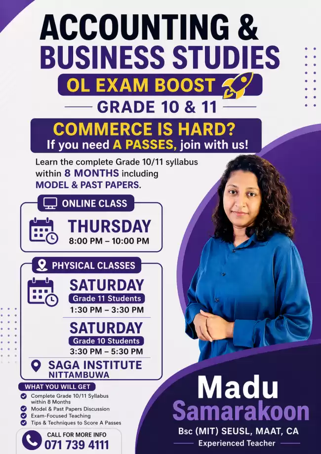Business Studies And Accounting-(grade 10/11 Sinhala English Medium) Boost Program For 2026OL Students- Conducting By Experienced Government School Te