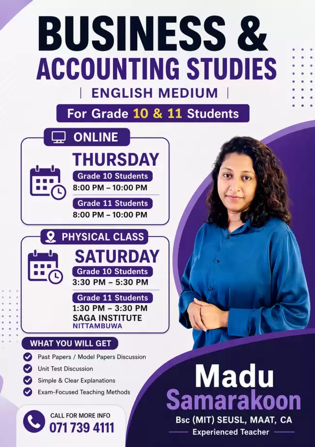 Business Studies And Accounting-(grade 10/11 Sinhala English Medium) Boost Program For 2026OL Students- Conducting By Experienced Government School Te