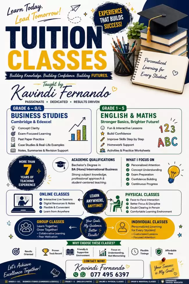 Business studies, English and Maths classes
