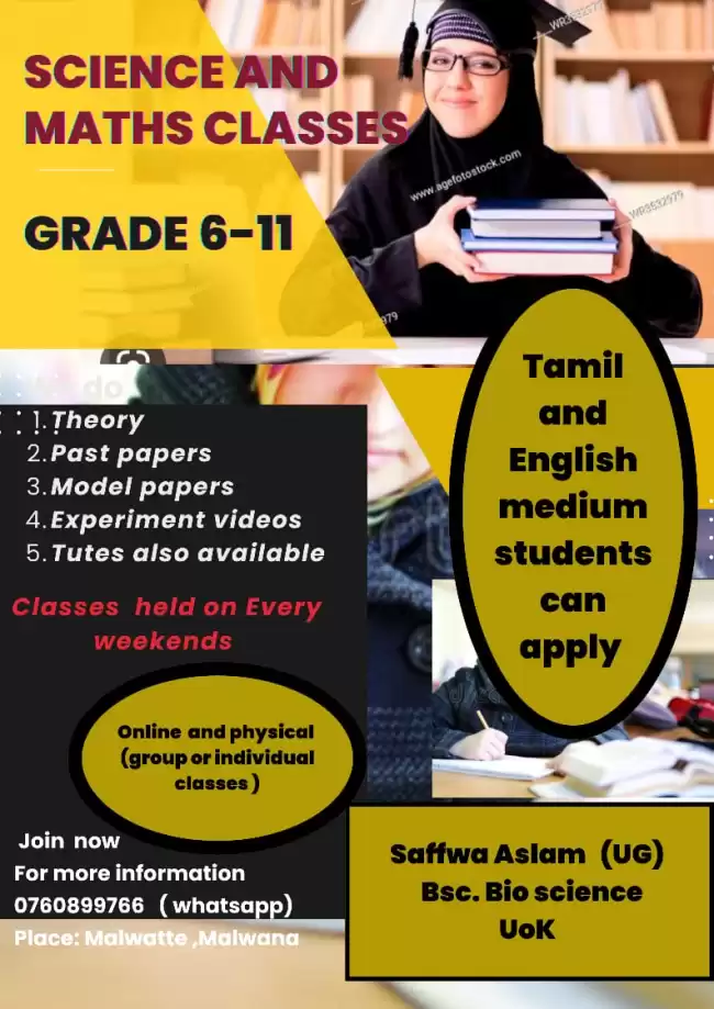 Classes for grade 6 to 11 and A/L biology and chemistry for Tamil medium student