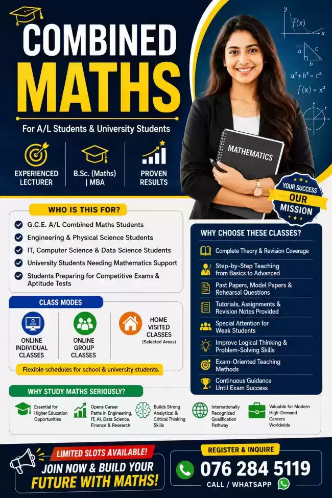 🎯 COMBINED MATHEMATICS CLASSES For A/L Students & University Students