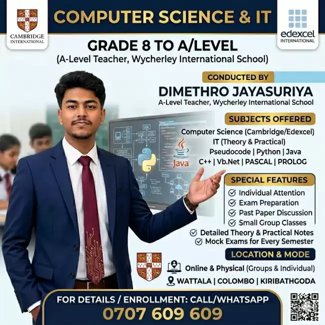 COMPUTER SCIENCE & IT CLASSES Grade 8 to A/Level Students සඳහා විශේෂ පන්ති