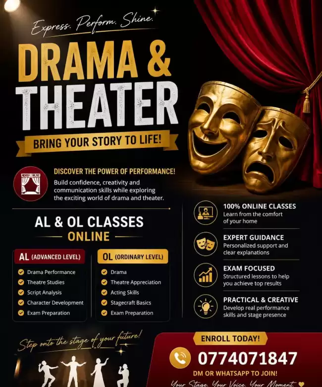 🎭✨Drama & Theatre (නාට්‍ය හා රංගකලා) Online Classes for O/L & A/L Students – Express, Perform, Shine! ඔබේ හැකියාව වේදිකාවට ගෙන එන්න! 🎭✨