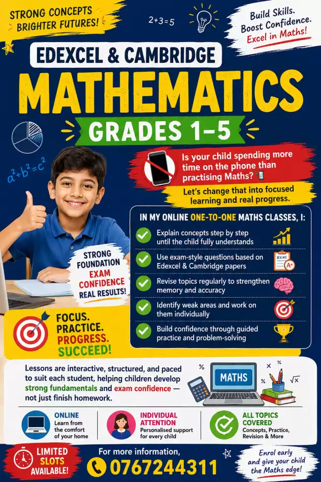 Edexcel/Cambridge Maths Classes For Grade 1-6 ONLINE
