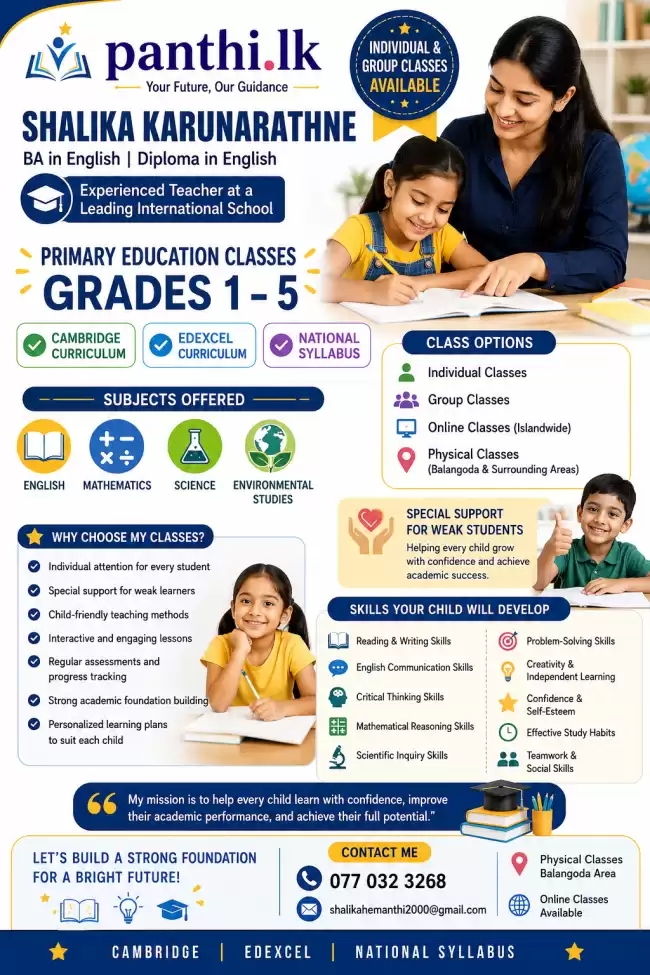 English medium classes for primary students (Cambridge,Edexel,national)