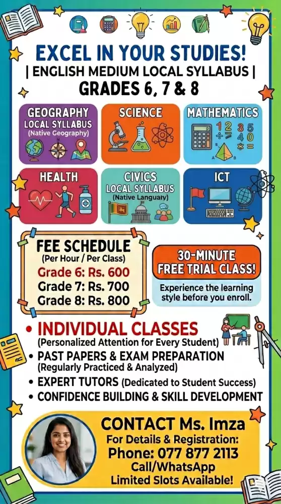 English Medium Individual Classes – Grades 6, 7 & 8 (Local Syllabus)