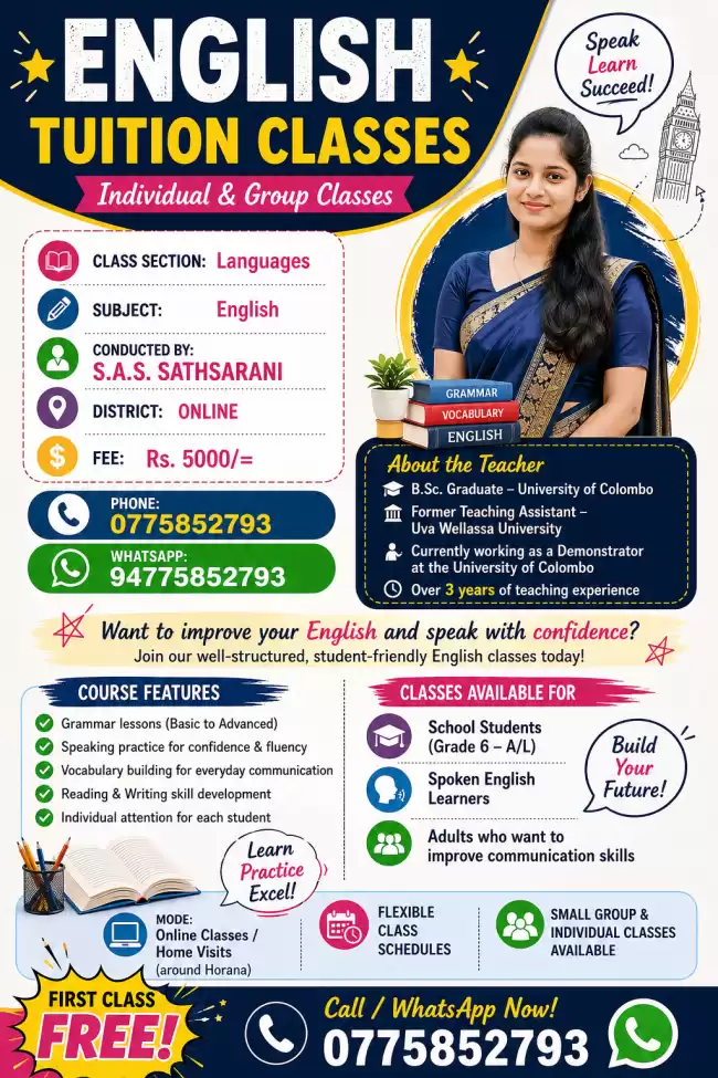 🌟✨ ENGLISH TUITION CLASSES ✨🌟 🚀 Build Your English Confidence & Speak Fluently! Join an enjoyable, effective, and student-friendly learning journey to