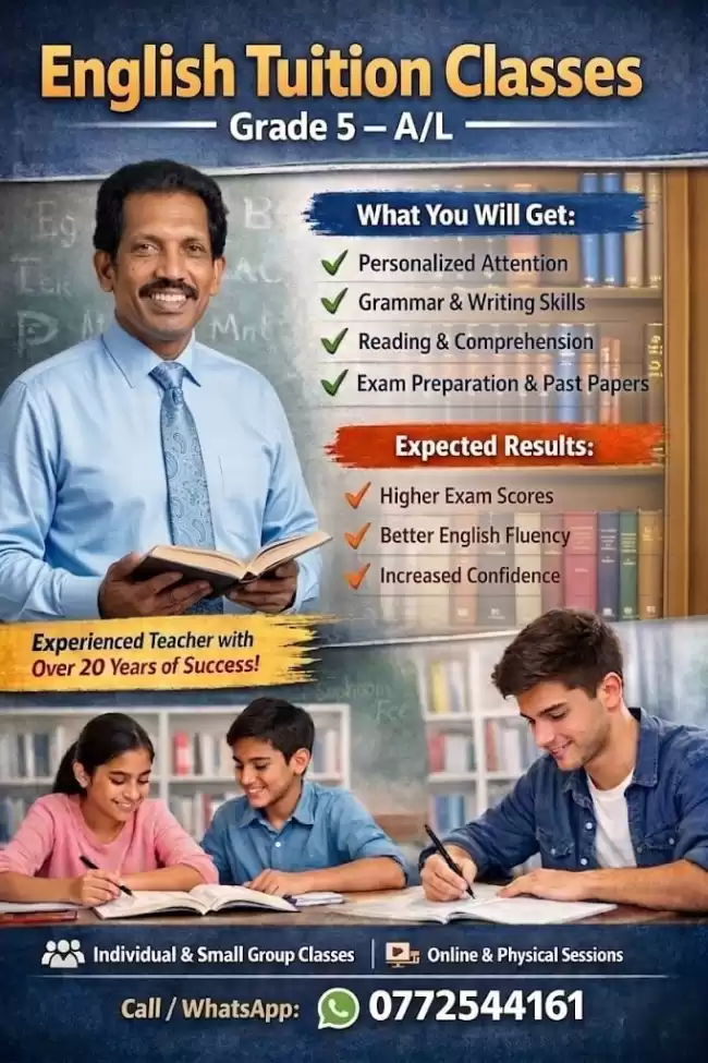 Experienced English Teacher For Home Visits & Online Classes | Grade 5 – A/L
