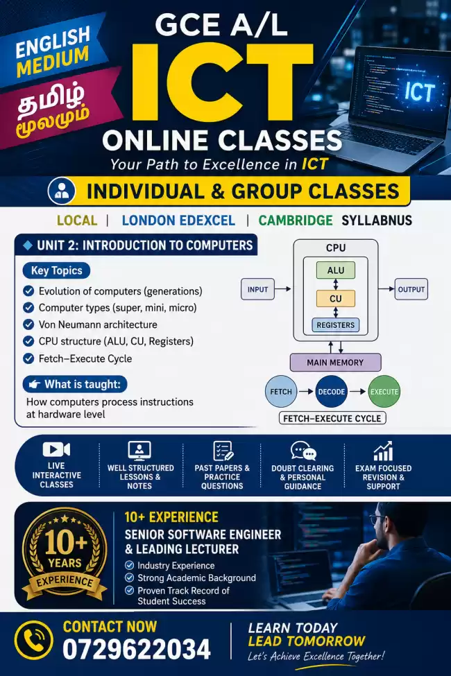 GCE A/L ICT Classes Tamil Medium conducted ONLINE (INDIVIDUAL) with Parallel Past paper & Model paper practice. Teaching and Learning TAMIL MEDIUM ; S