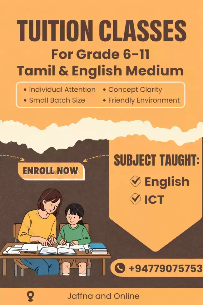 Grade 6-11 English and ICT classes available online and Jaffna