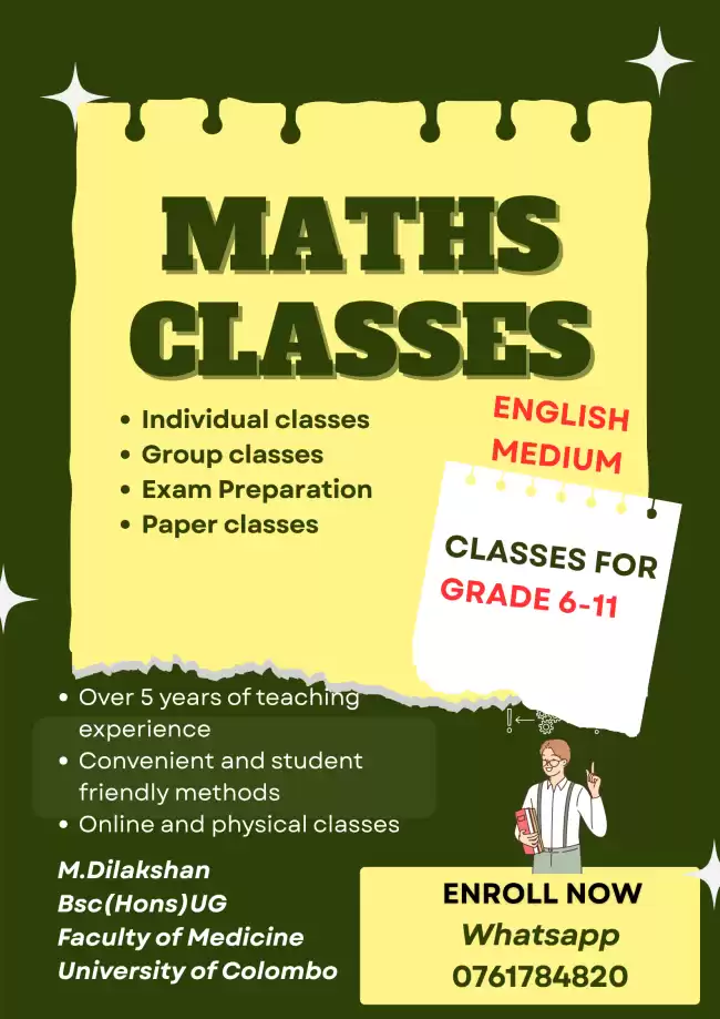 Grade 6 - 11(O/L) Maths classes for English medium students
