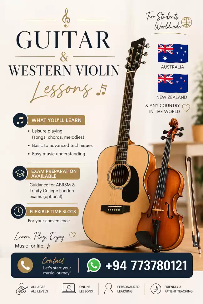 Guitar , Piano & Western Violin Lessons 🎻 For Students In Australia 🇦🇺, New Zealand 🇳🇿 & Worldwide