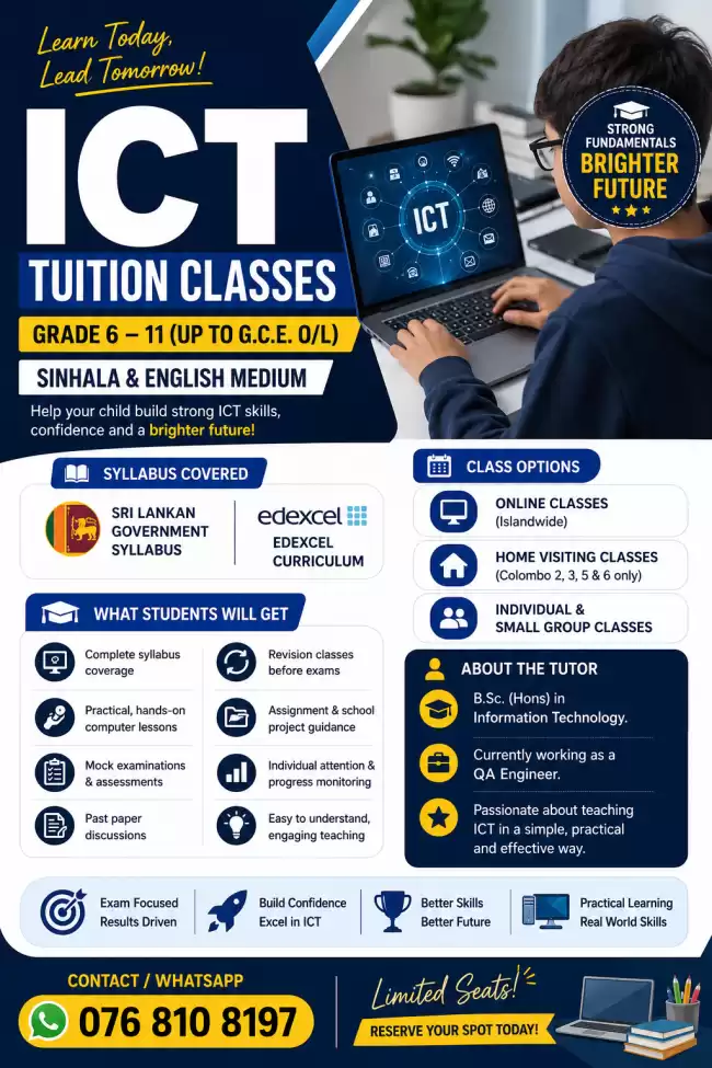 ICT Tuition Classes (Grade 6 – 11 / Edexcel / G.C.E. O/L)