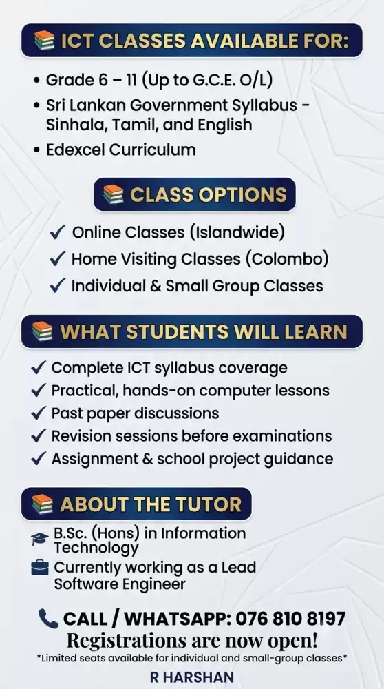 ICT Tuition Classes (Grade 6 – 11 / G.C.E. O/L) Sinhala, Tamil & English Medium