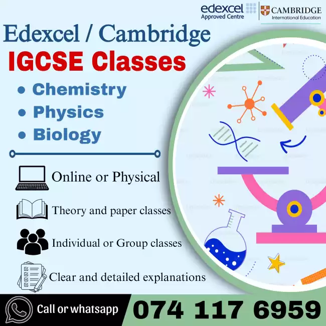IGCSE classes for chemistry, physics and biology. Online and physical