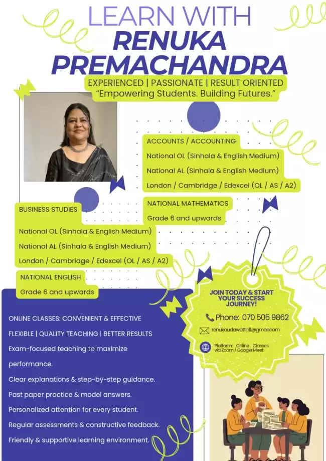 Mathematics, Business Studies, Accounting, English classes (Cambridge/Edexcel/National)