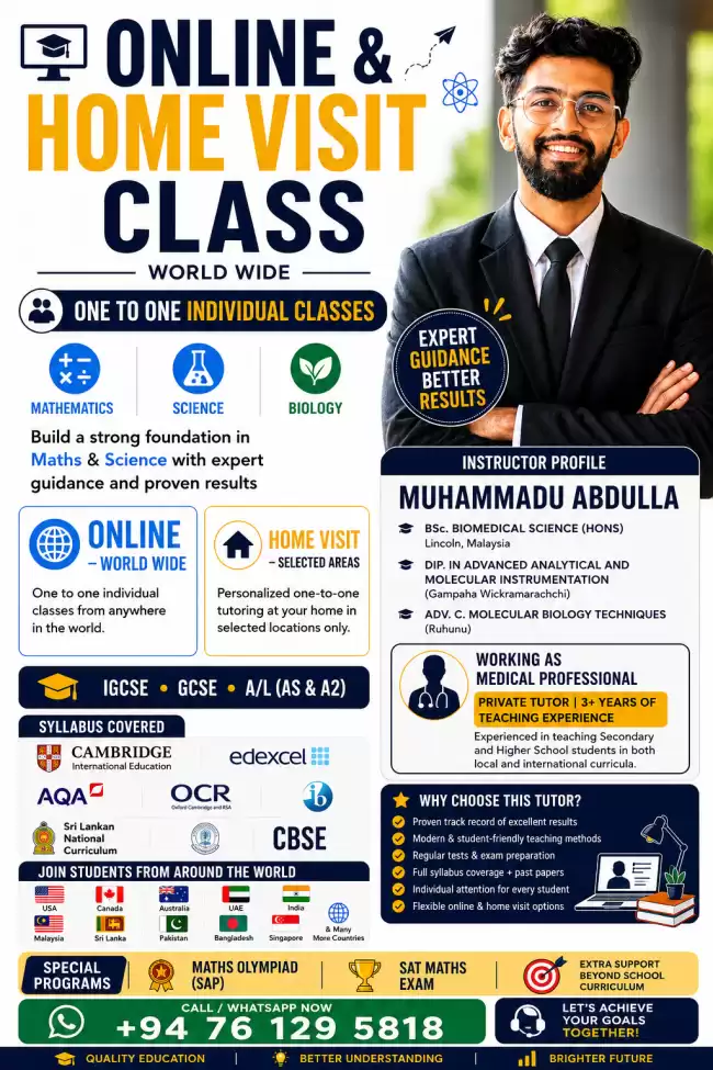 MATHS BIOLOGY SCIENCE HOME VISIT CLASSES