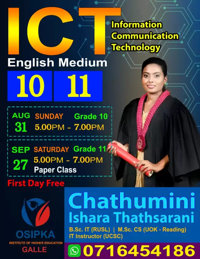 New ICT class(English medium) for grade 10,11 - OSIPKA Educational Institute Sri Pagngnasara Mawatha, Galle