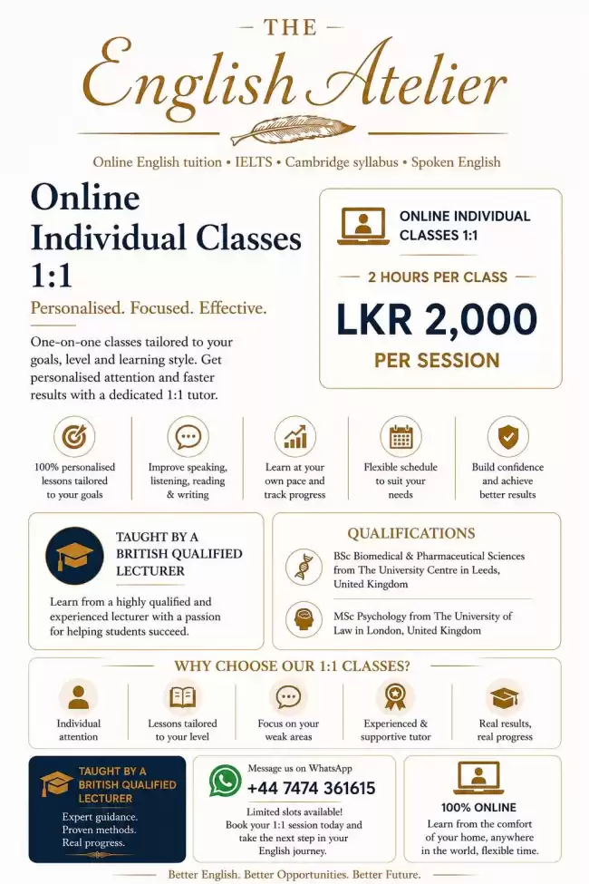 Online 1:1 Individual English Classes – LKR 2,000/session | Taught by a British-Qualified Lecturer
