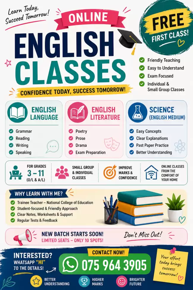 Online English Language, English Literature and English Medium Science Classes.