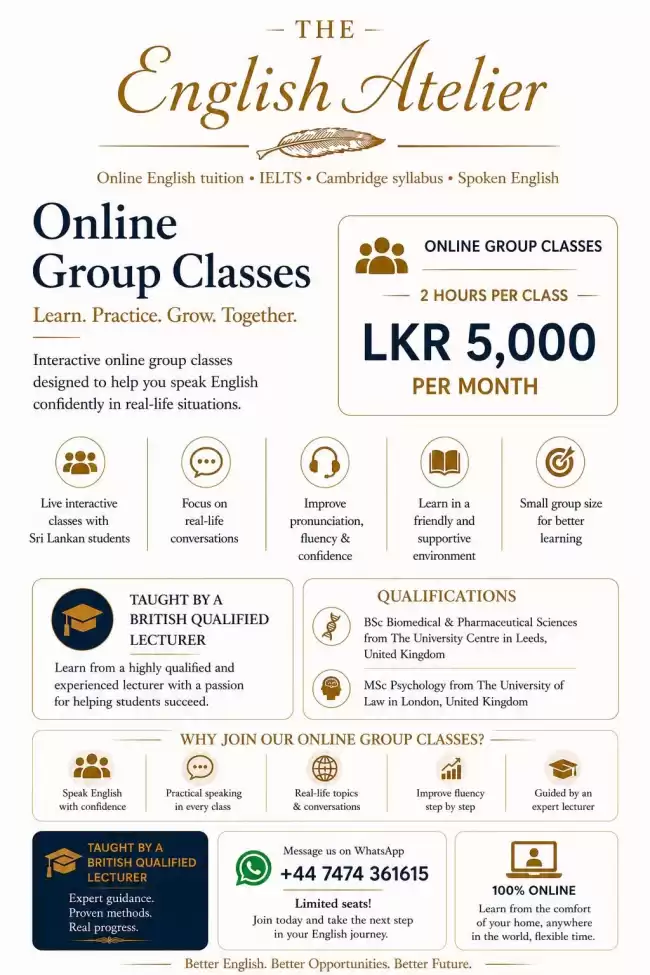 Online Group English Classes – LKR 5,000/month | Taught by a British-Qualified Lecturer