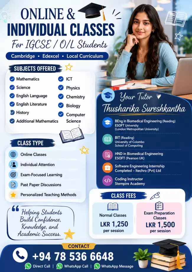 ONLINE & INDIVIDUAL CLASSES FOR IGCSE / O/L STUDENTS