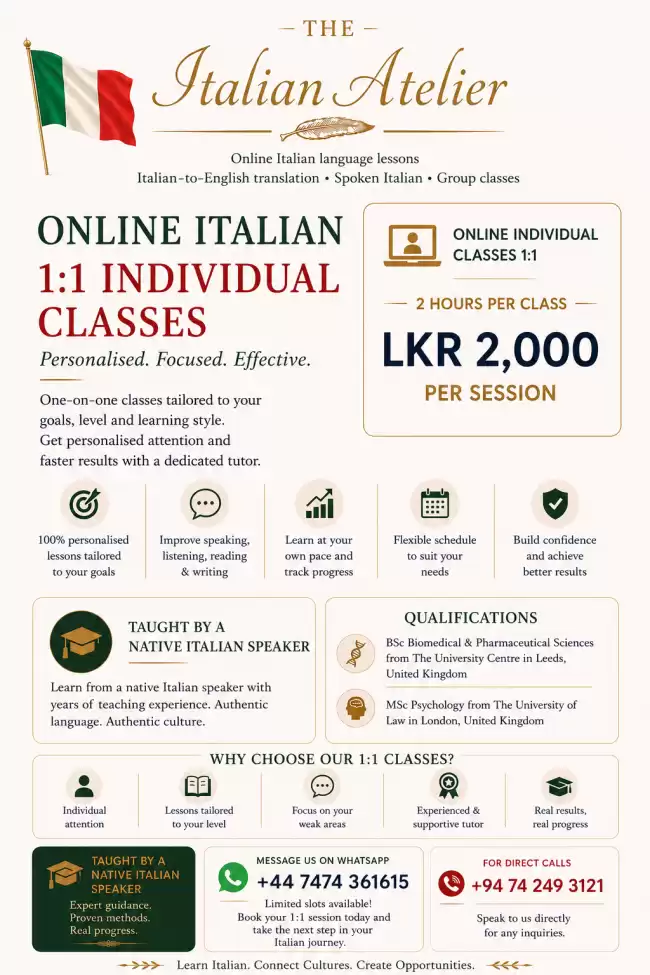 Online Italian 1:1 Individual Classes – LKR 2,000/session | The Italian Atelier