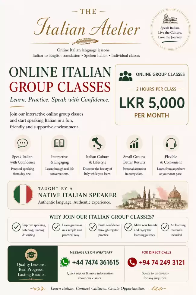 Online Italian Group Classes – LKR 5,000/month | Taught by a Native Italian Speaker