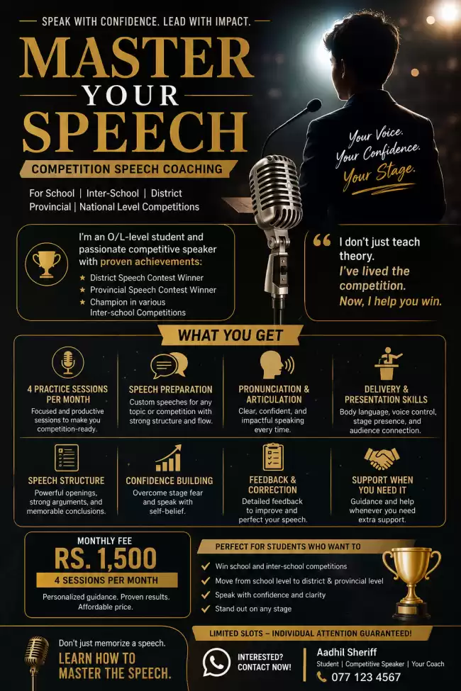 Prepared Speech training for students participating in inter school compegtitons, any speech commpetitonsiciapting