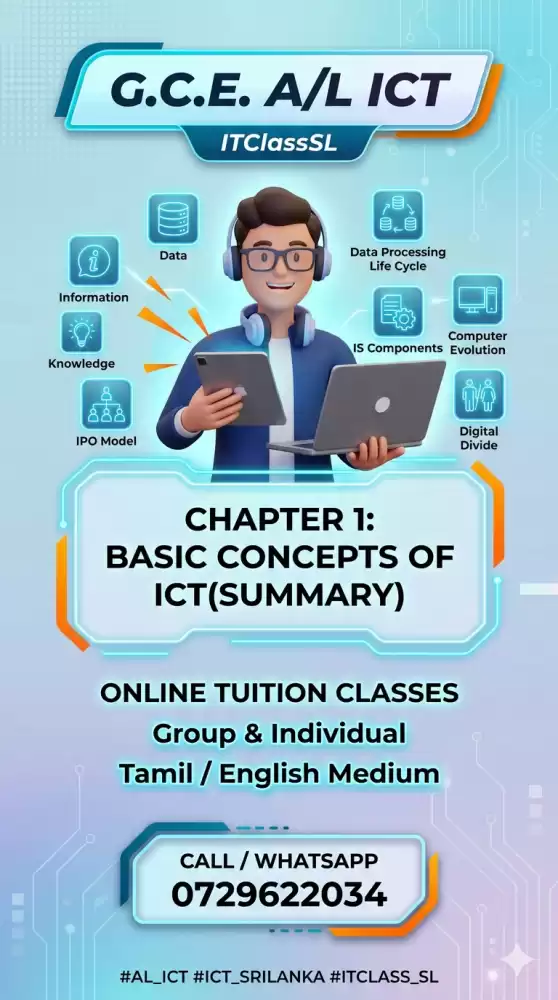 Primary: 'A/L ICT Chapter 1 Sri Lanka', 'Basic Concepts of ICT A/L', 'ICT A/L syllabus Sri Lanka Tamil medium' Secondary: 'data information knowledge