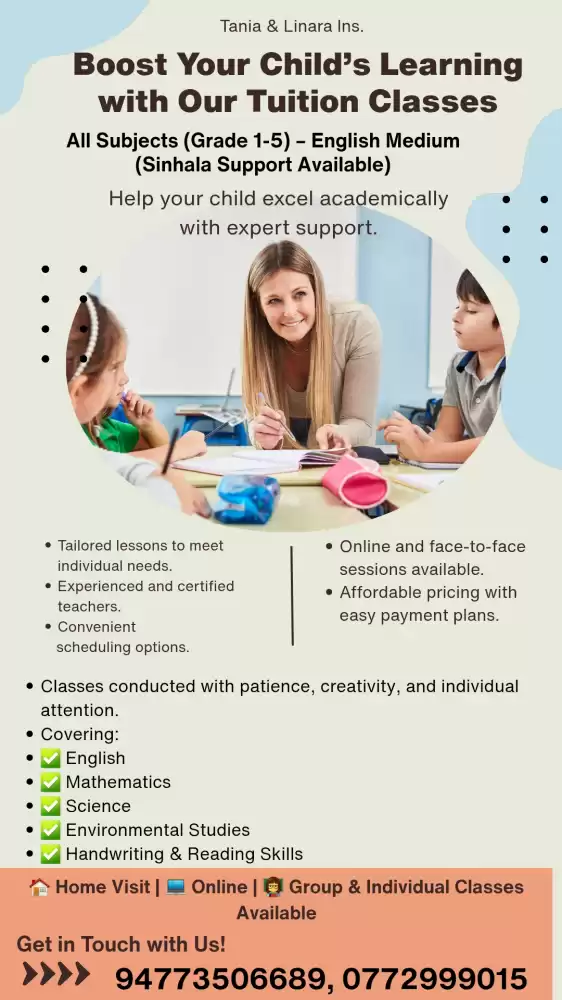 Primary Classes – English Medium (Home Visit | 💻 Online | 👩‍🏫 Group & Individual Classes)