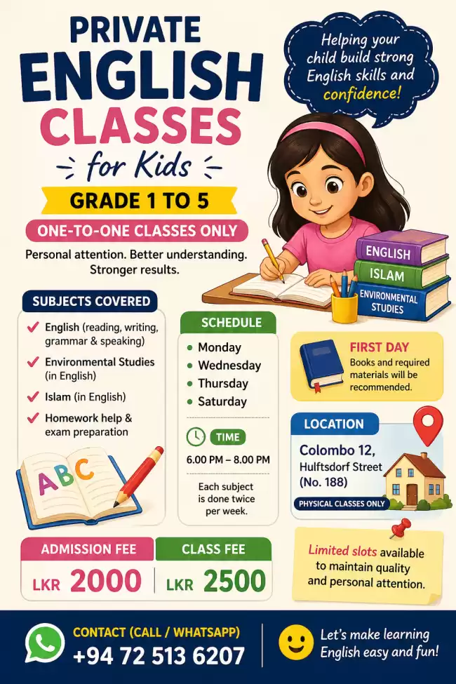 Private English Classes for Kids (Grade 1–5) – Limited Slots