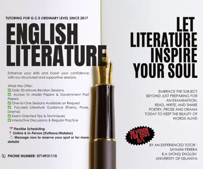 Since 2017- G.C.E.O/L English Literature Classes (Online/Onsite)