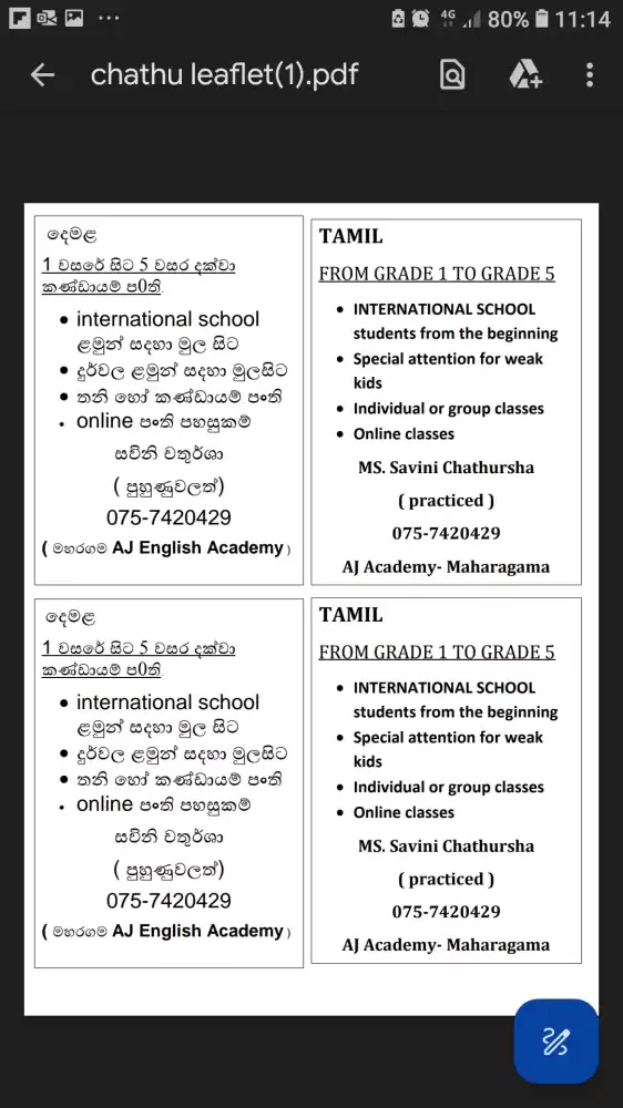 Tamil classes for primary students