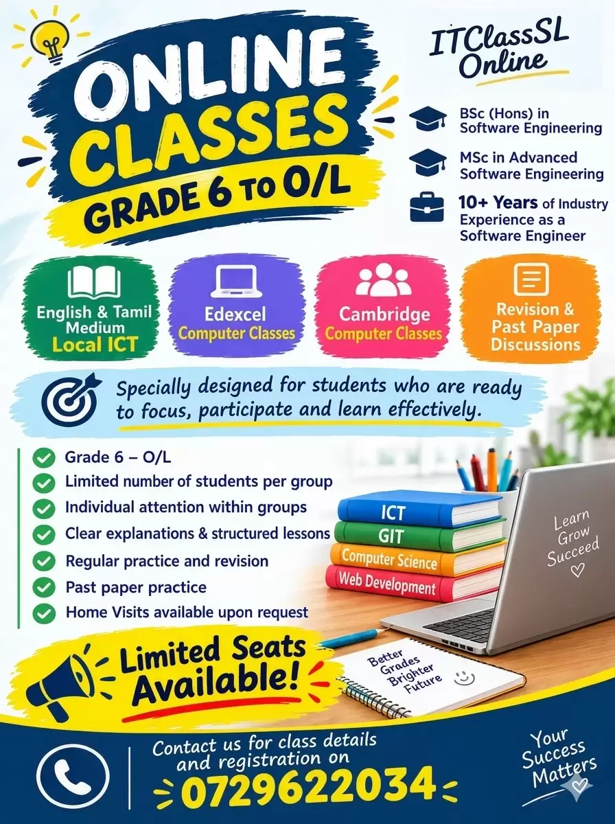 ONLINE ICT & COMPUTER SCIENCE CLASSES SRI LANKA Grade 1 2 3 4 5 6 7 8 9 10 11 GCE O/L A/L