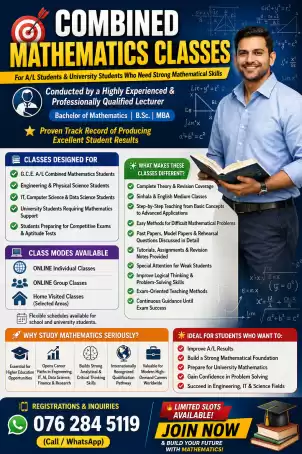 COMBINED MATHS- A/L (2026/2027/2028) & University Students- ONLINE & HOME VISITED-Theory,Revision,Paper CLASSES