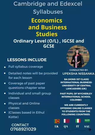 Economics, Business Studies and Commerce classes for Cambridge and Edexcel syllabuses
